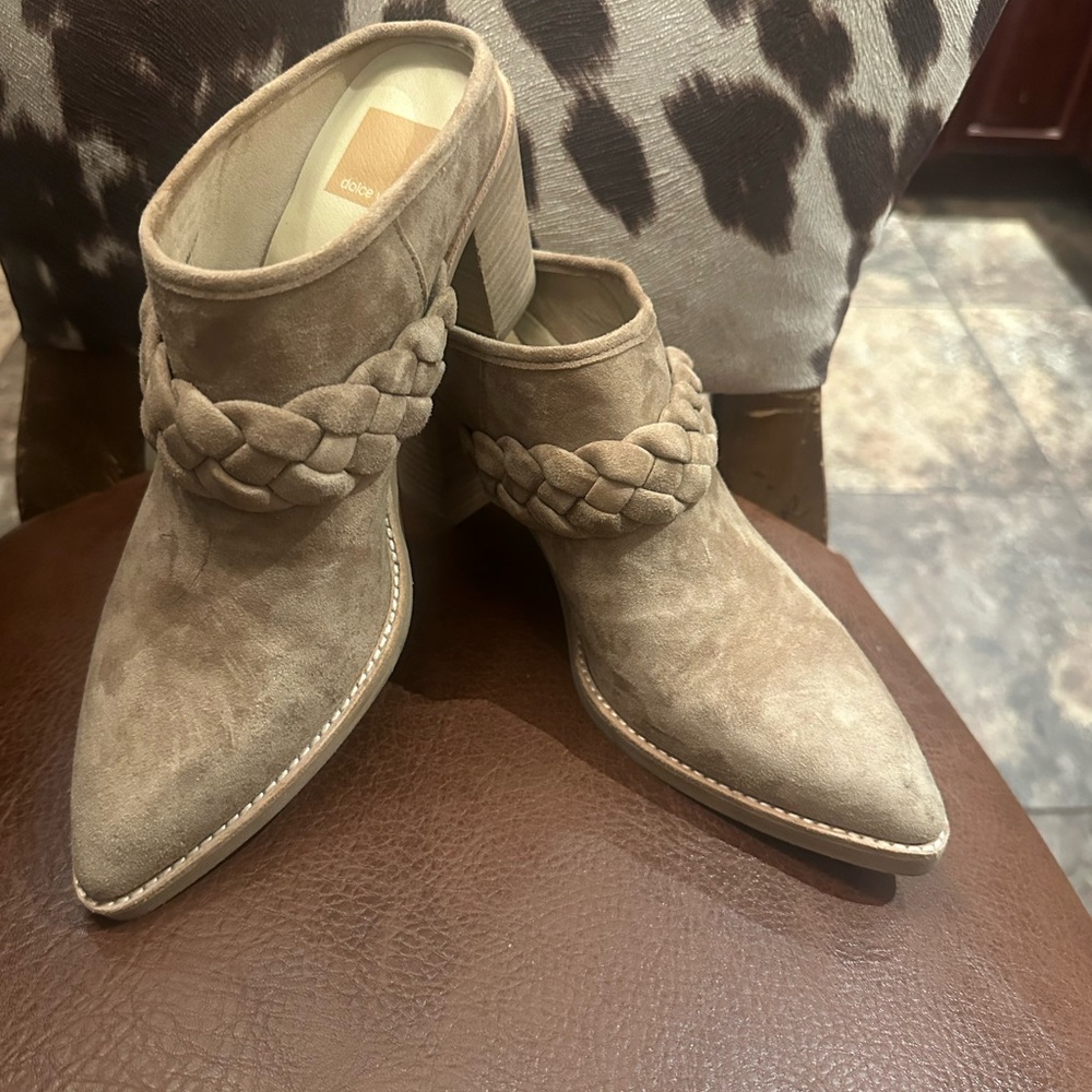 Dolce Vita Taupe Braided Suede Block Heel Mules